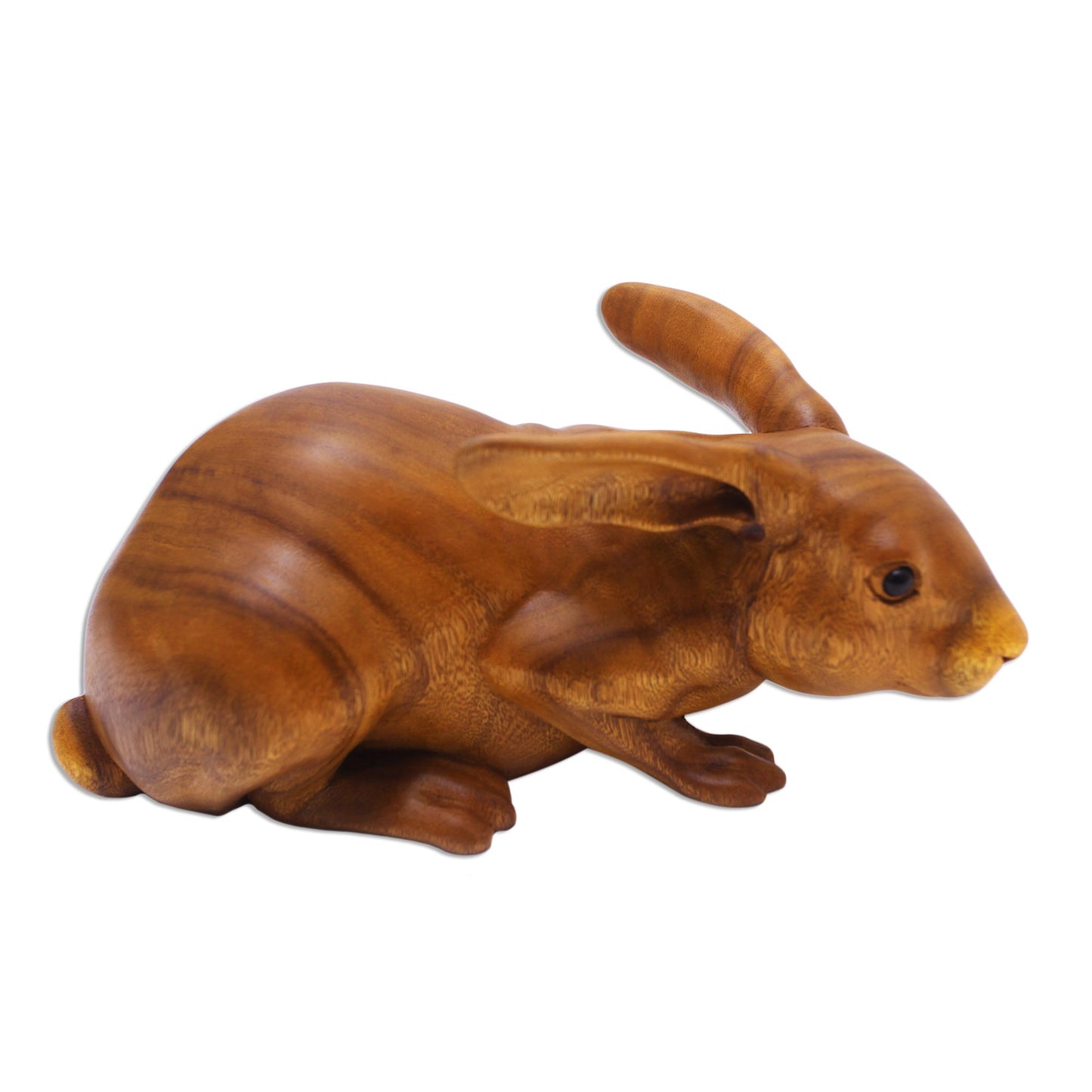 Gentle Friend Suar Wood Rabbit Sculpture with Onyx Eyes