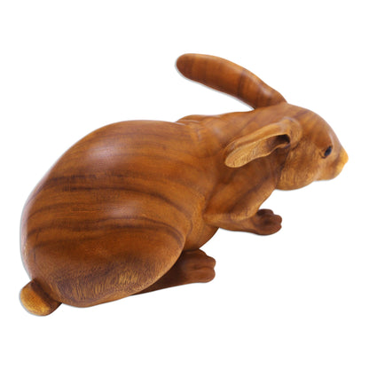 Gentle Friend Suar Wood Rabbit Sculpture with Onyx Eyes