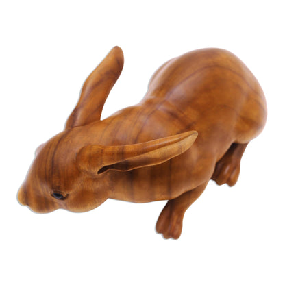 Gentle Friend Suar Wood Rabbit Sculpture with Onyx Eyes