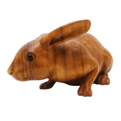 Gentle Friend Suar Wood Rabbit Sculpture with Onyx Eyes