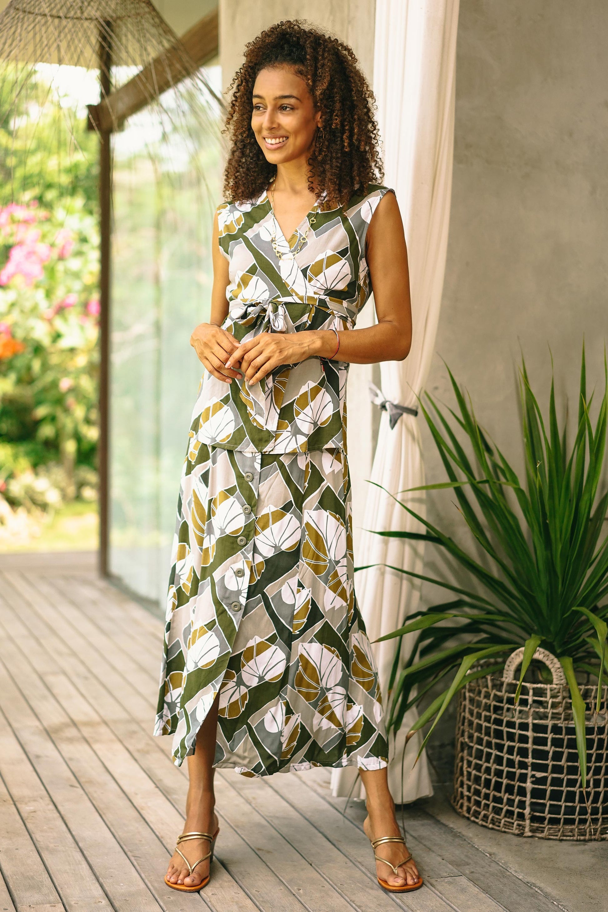 NOVICA Garden Party Hand Made Leaf-Themed Rayon Midi Skirt