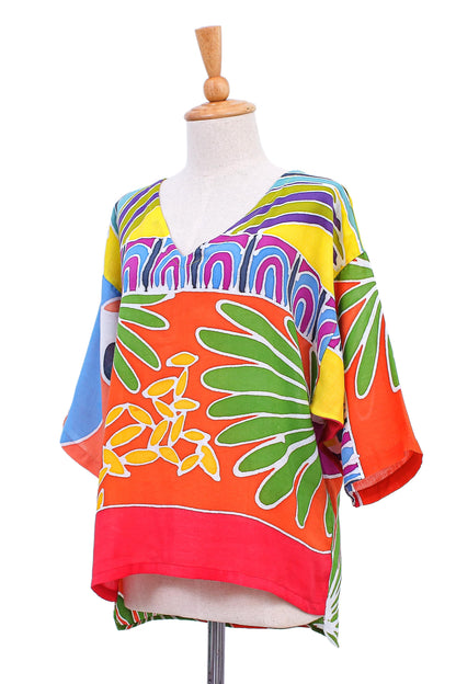 Beach Party Tropical Patterned Cotton Batik Blouse from Thailand