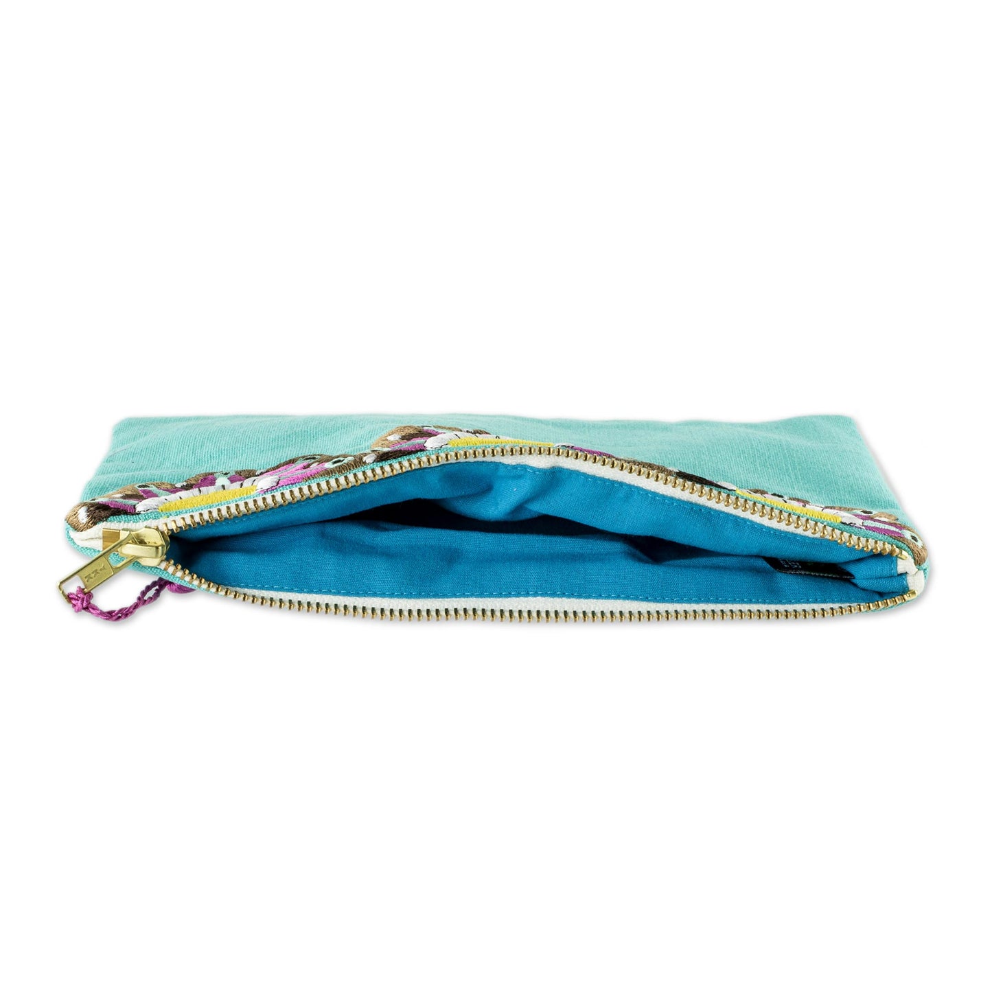 Turquoise Sunbeams Sun Motif Embroidered Turquoise Cotton Cosmetic Bag