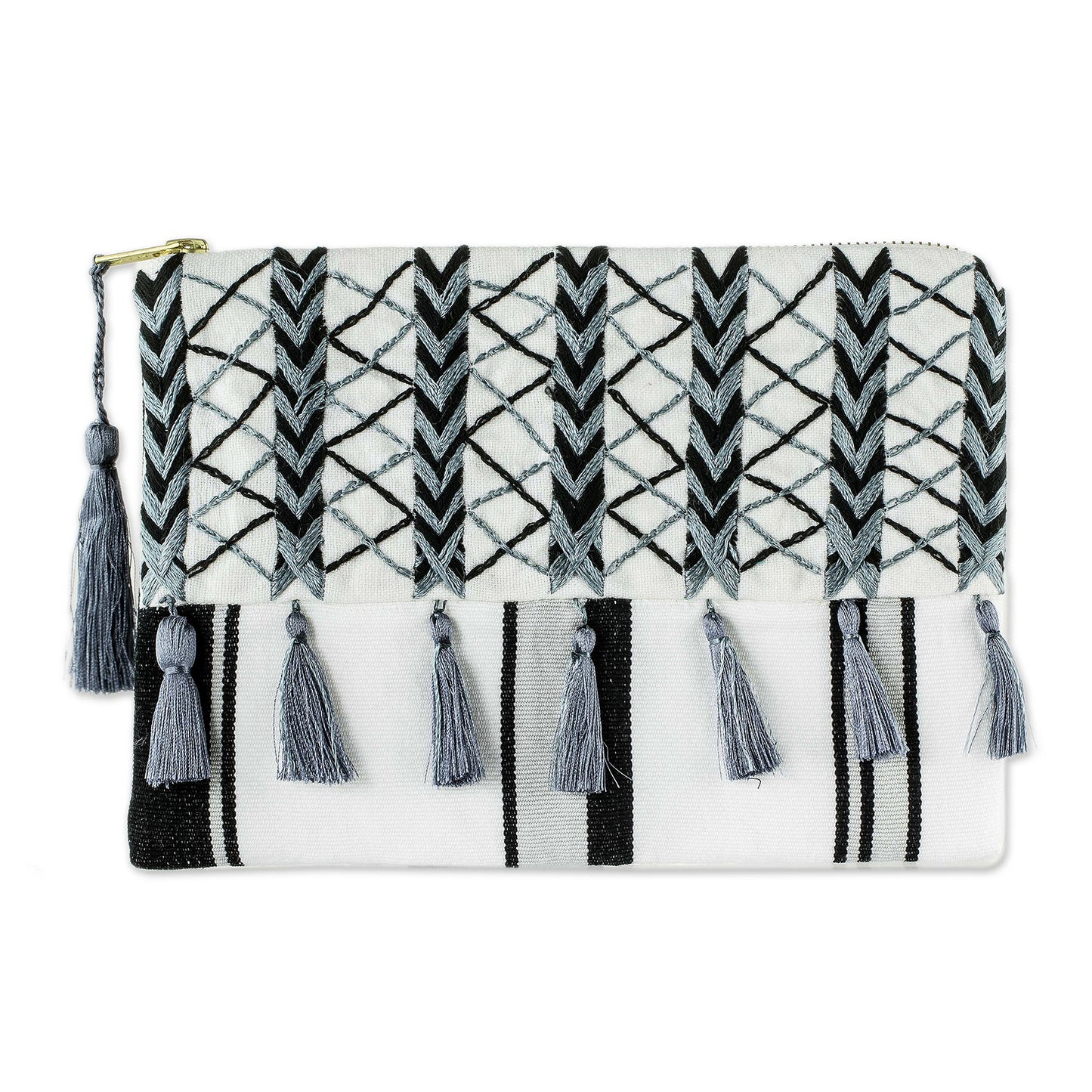 Monochrome Zigzags Black & Grey Embroidered White Cotton Cosmetic Bag