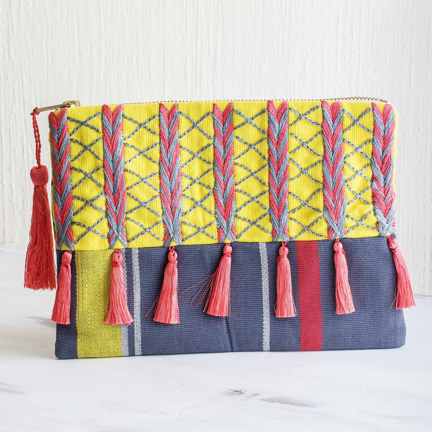 Pink Zigzags Pink and Yellow Embroidered Grey Cotton Cosmetic Bag