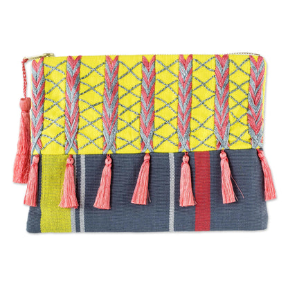 Pink Zigzags Pink and Yellow Embroidered Grey Cotton Cosmetic Bag