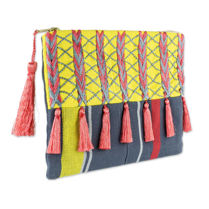 Pink Zigzags Pink and Yellow Embroidered Grey Cotton Cosmetic Bag