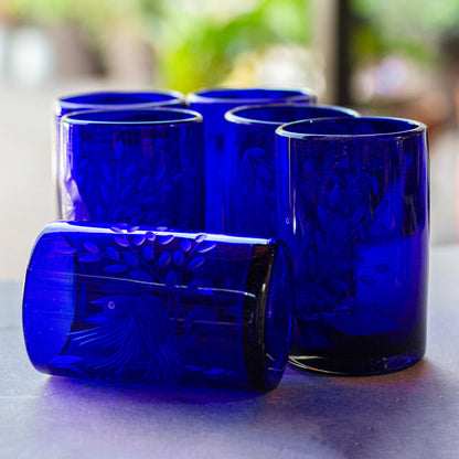 Paloma Azul Etched Blue Blown Glass Tumblers (Set of 6)