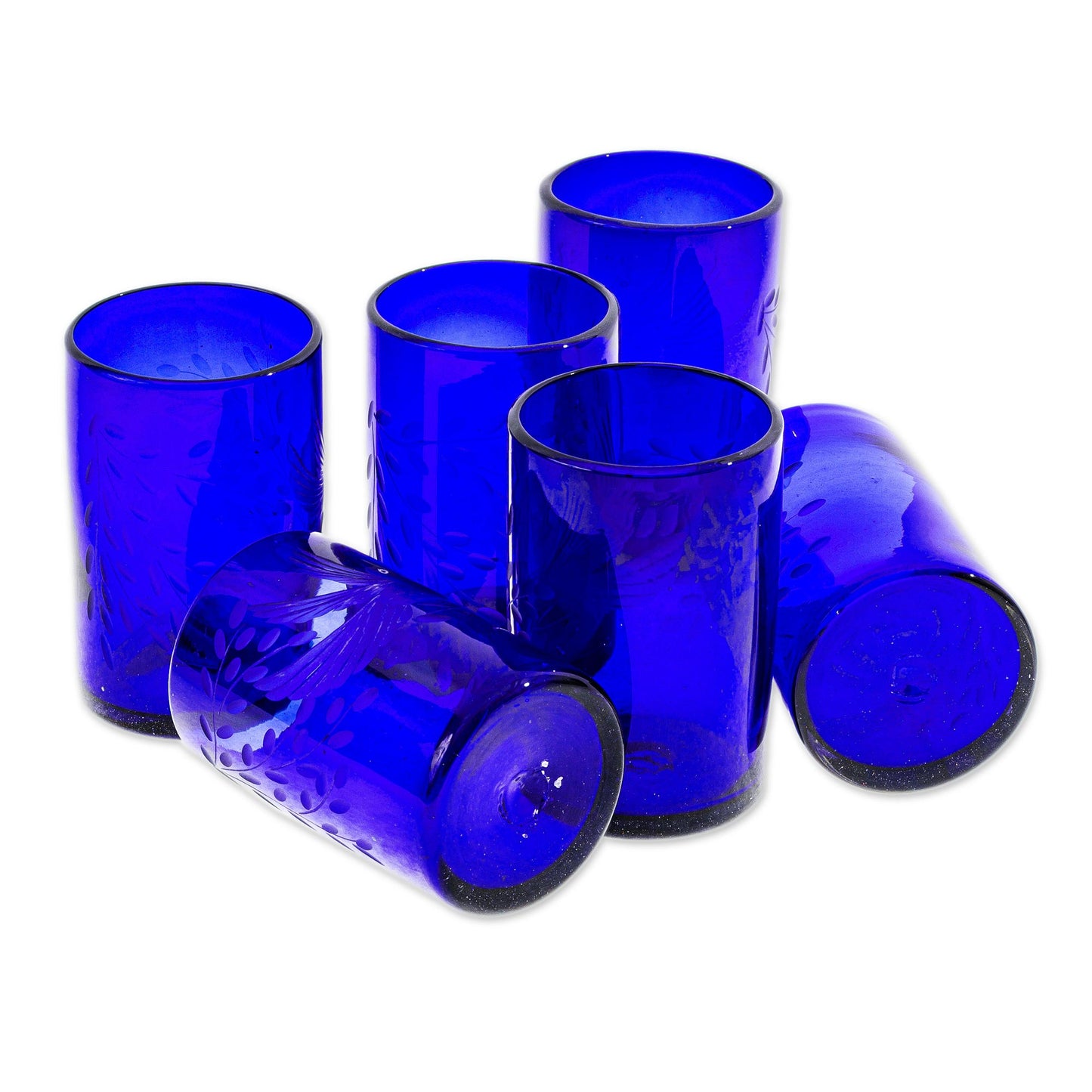 Paloma Azul Etched Blue Blown Glass Tumblers (Set of 6)