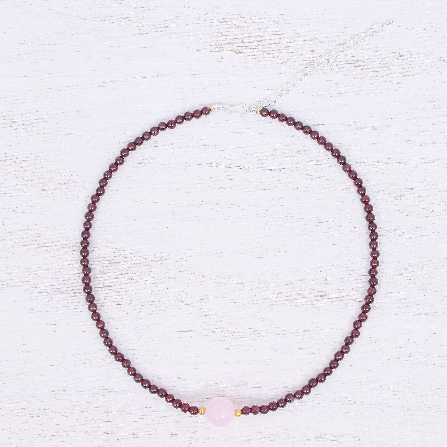 Precious Orb in Crimson Handmade Garnet and Rose Quartz Beaded Necklace