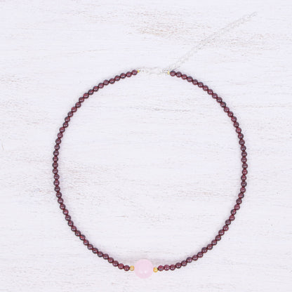 Precious Orb in Crimson Handmade Garnet and Rose Quartz Beaded Necklace