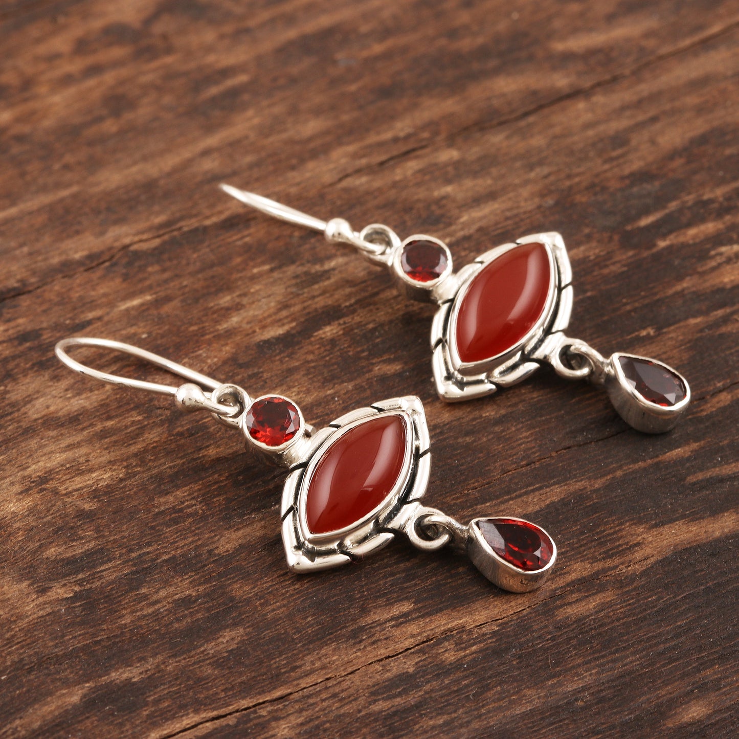 Red Fusion Garnet and Carnelian Sterling Silver Dangle Earrings