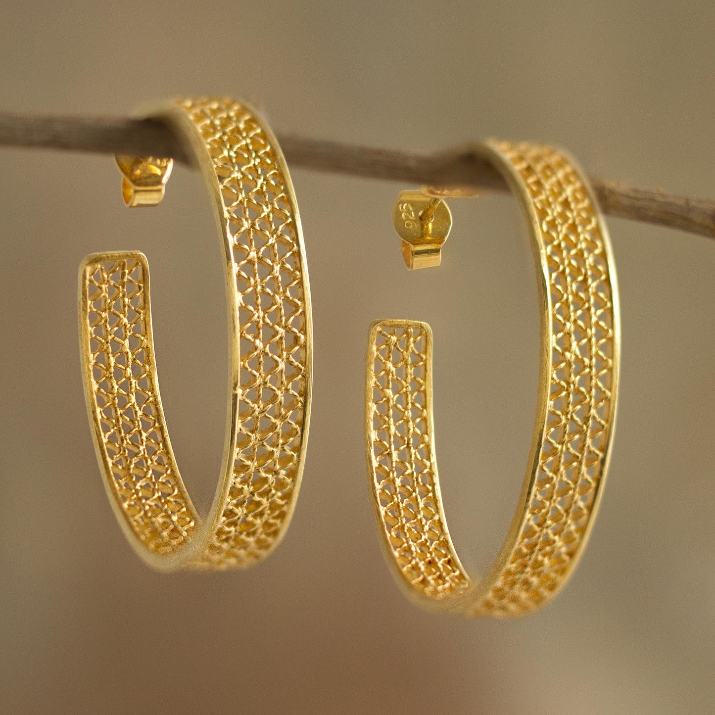 Colonial Intricacy Gold Plated Silver Filigree Half-Hoop Earrings from Peru