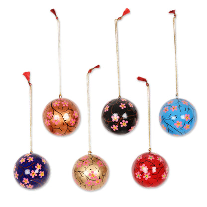 Cherry Blossom Christmas Artisan Crafted Floral Christmas Ornaments ( set of 6)