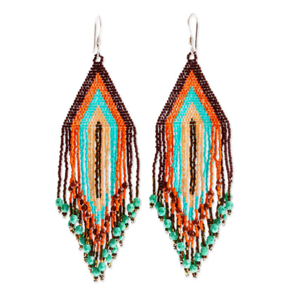 Peach and Aqua Waterfall Huichol Beadwork Peach-Aqua-Tangerine Waterfall Earrings