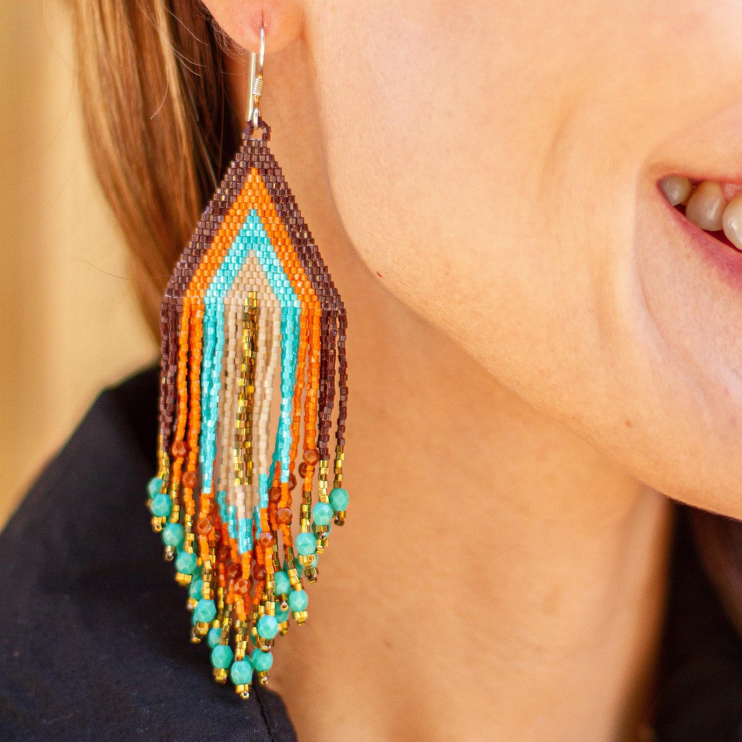 Peach and Aqua Waterfall Huichol Beadwork Peach-Aqua-Tangerine Waterfall Earrings