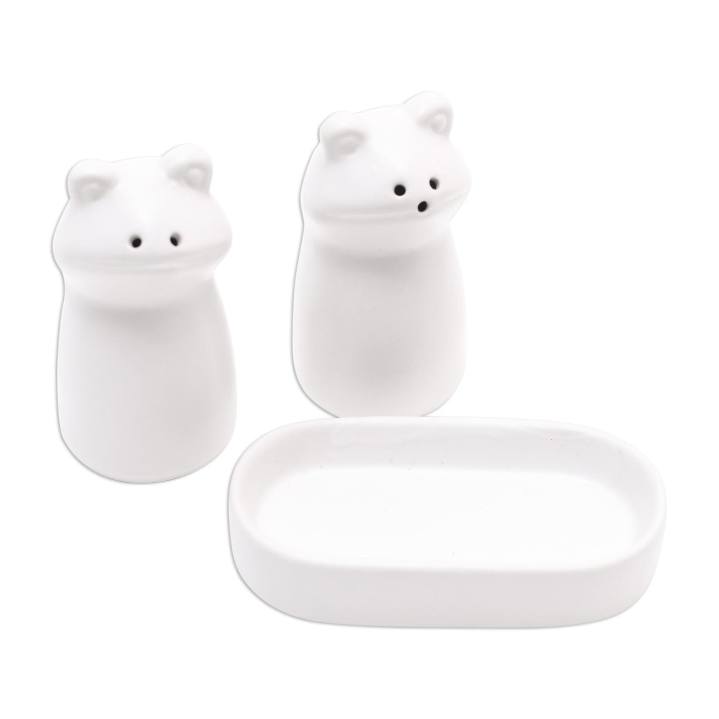 Fanciful Frogs in White Matte White Ceramic Frog Salt and Pepper Shakers with Tray