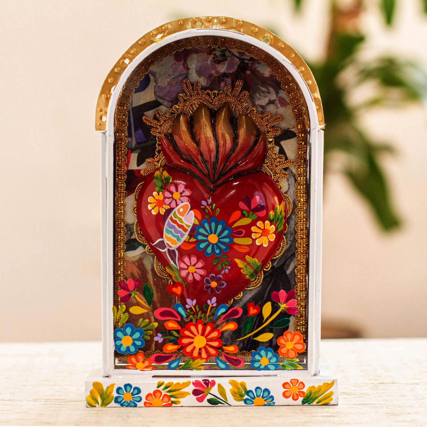 Precious Heart Hand Painted Wood and Tin Sacred Heart Niche