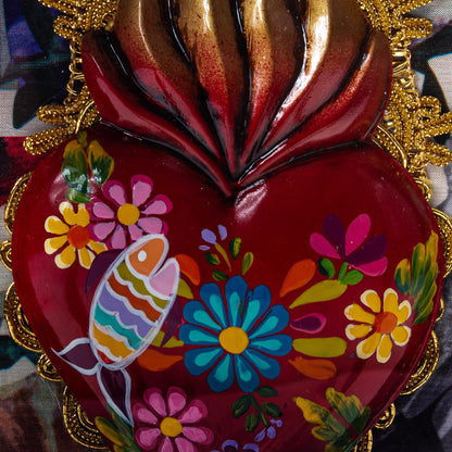 Precious Heart Hand Painted Wood and Tin Sacred Heart Niche