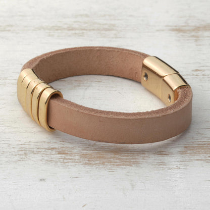 Golden Planets, Beige Universe Modern Beige and Gold Leather Wristband Bracelet from Brazil