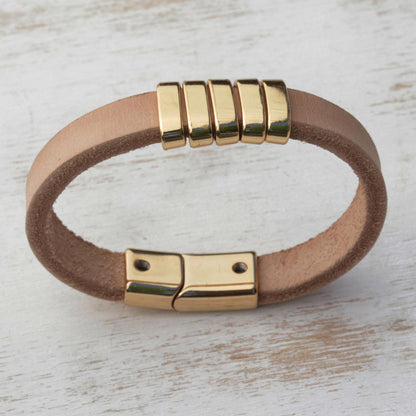 Golden Planets, Beige Universe Modern Beige and Gold Leather Wristband Bracelet from Brazil