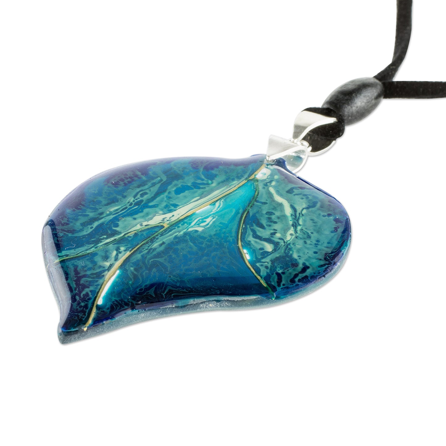 Blue Leaf Unique Fused Glass Leaf Necklace