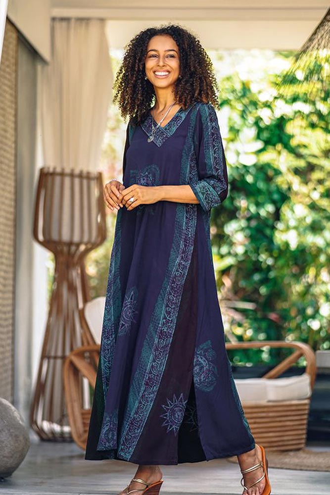 NOVICA Vintage Batik Handmade Batik Rayon Maxi Dress from Bali | GreaterGood NOVICA Vintage Batik Handmade Batik Rayon Maxi Dress from Bali | GreaterGood