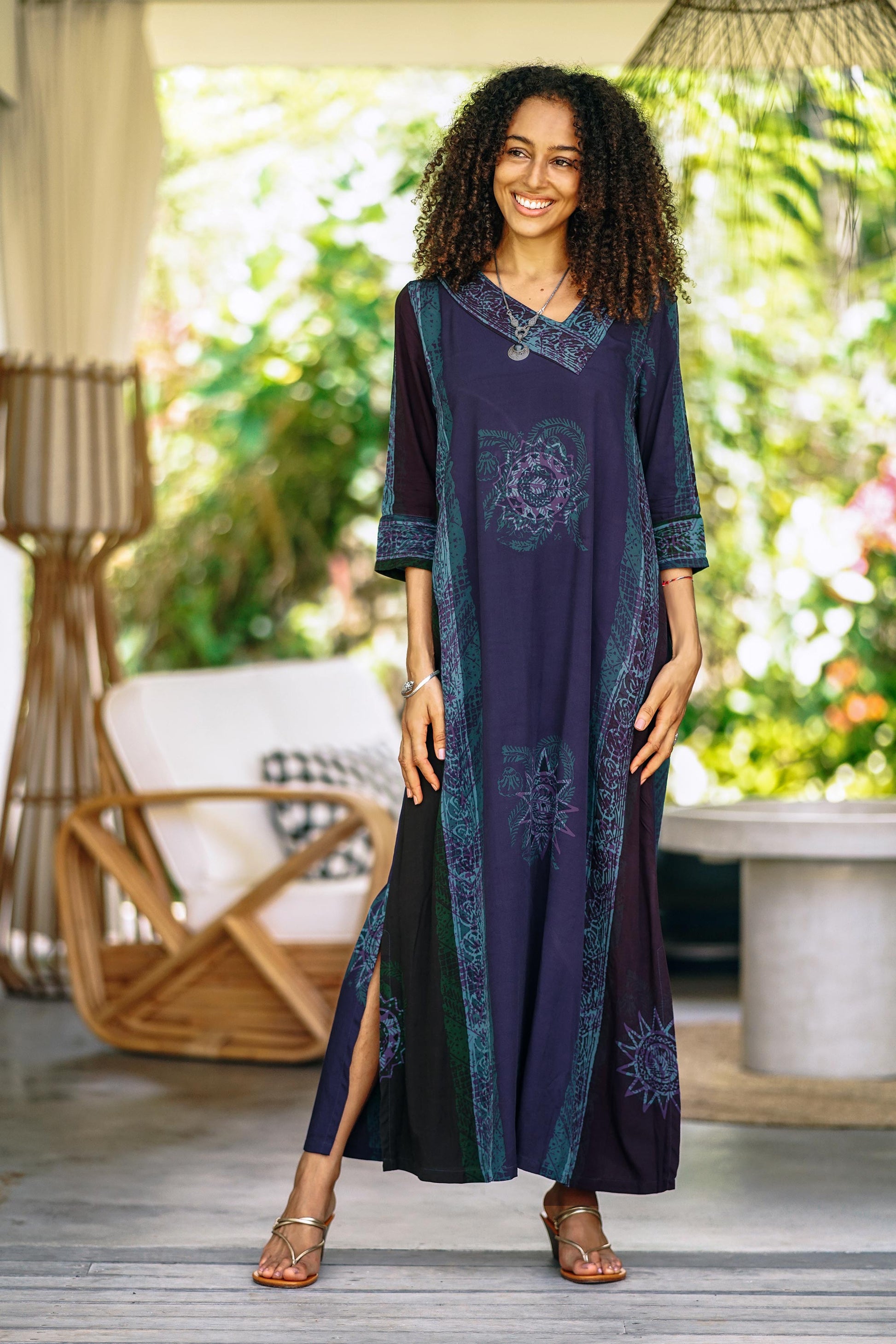 NOVICA Vintage Batik Handmade Batik Rayon Maxi Dress from Bali | GreaterGood NOVICA Vintage Batik Handmade Batik Rayon Maxi Dress from Bali | GreaterGood
