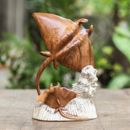 Stingrays and Coral Hand Crafted Suar Wood Stingray Sculpture