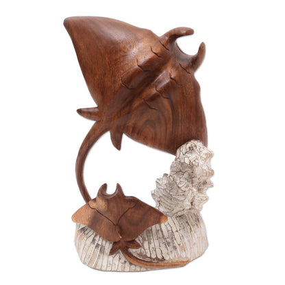 Stingrays and Coral Hand Crafted Suar Wood Stingray Sculpture