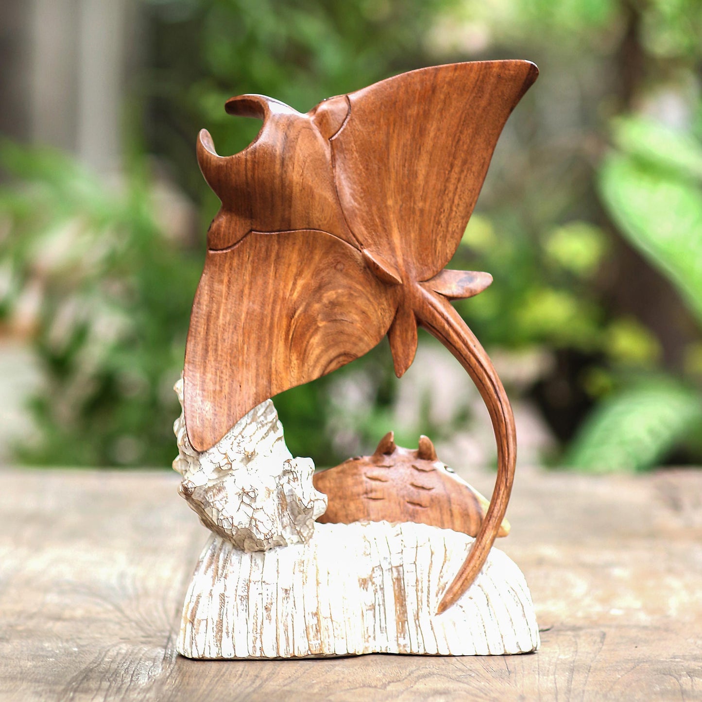 Stingrays and Coral Hand Crafted Suar Wood Stingray Sculpture