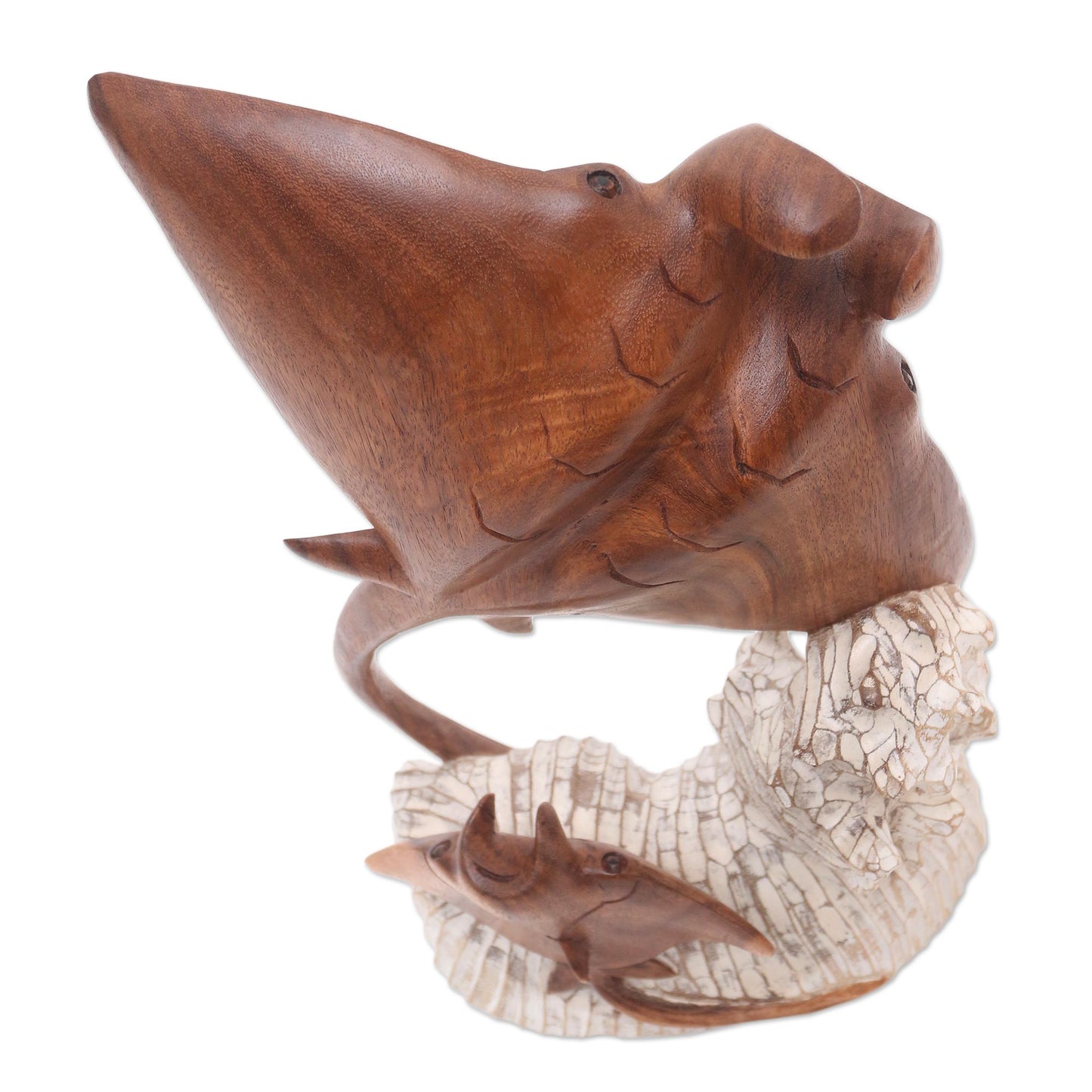 Stingrays and Coral Hand Crafted Suar Wood Stingray Sculpture