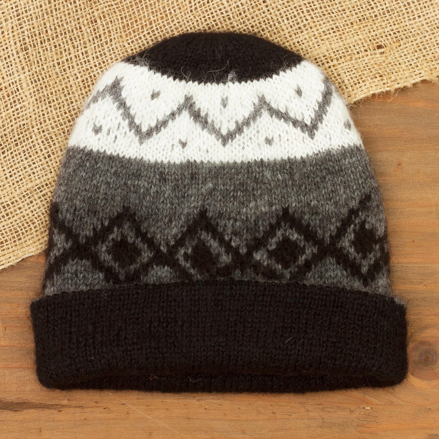 Nordic Nights Knit 100% Alpaca Hat in Black and Grey