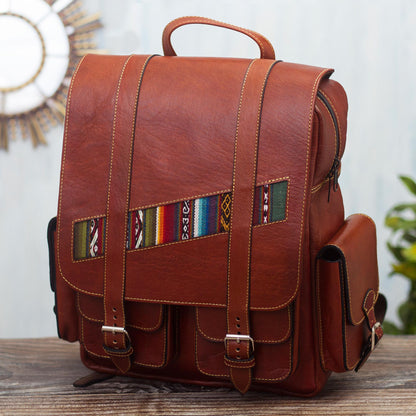 Inca Explorer Handcrafted Brown Leather Backpack with Wool Accent