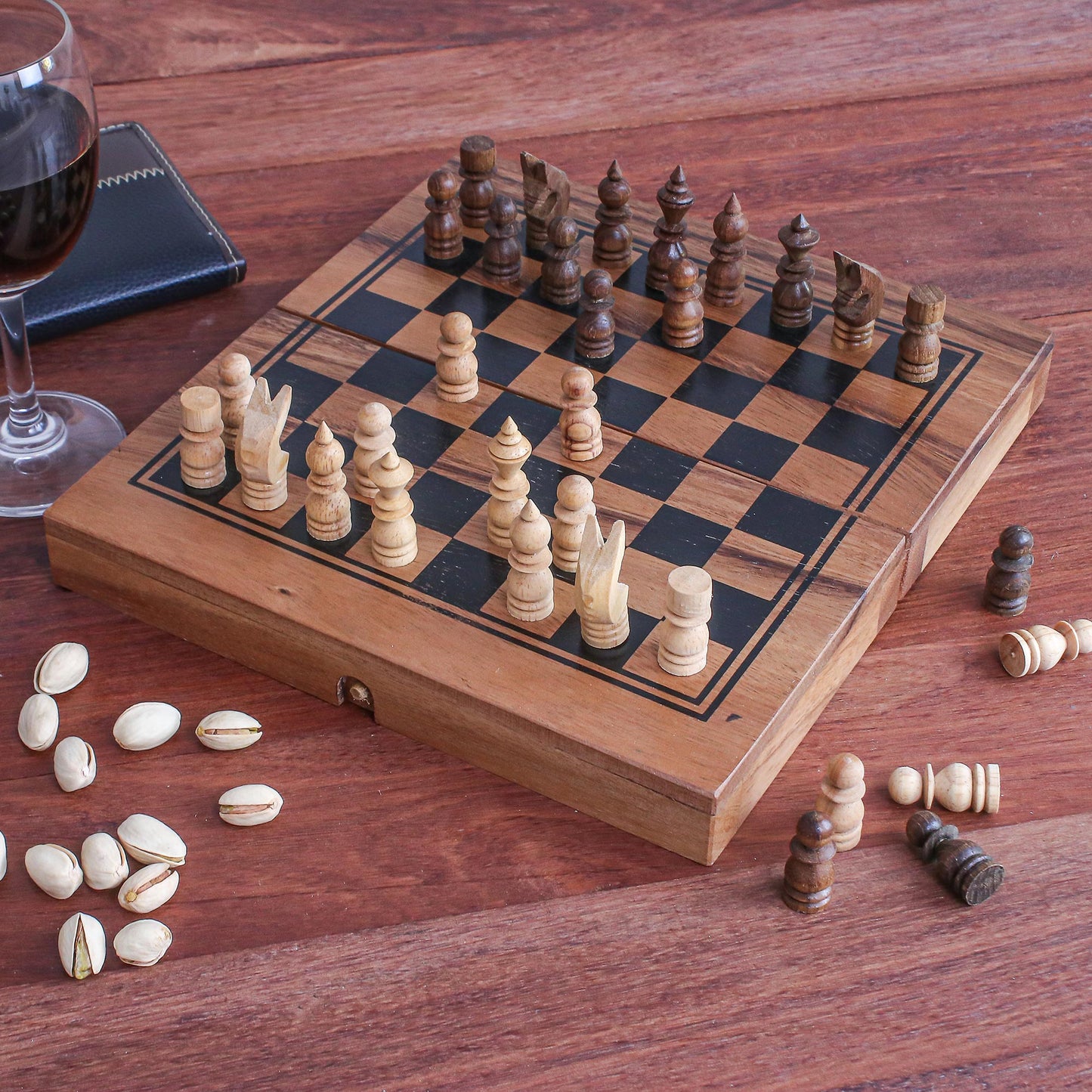 Two for One Handmade Raintree Wood Chess and Backgammon Game