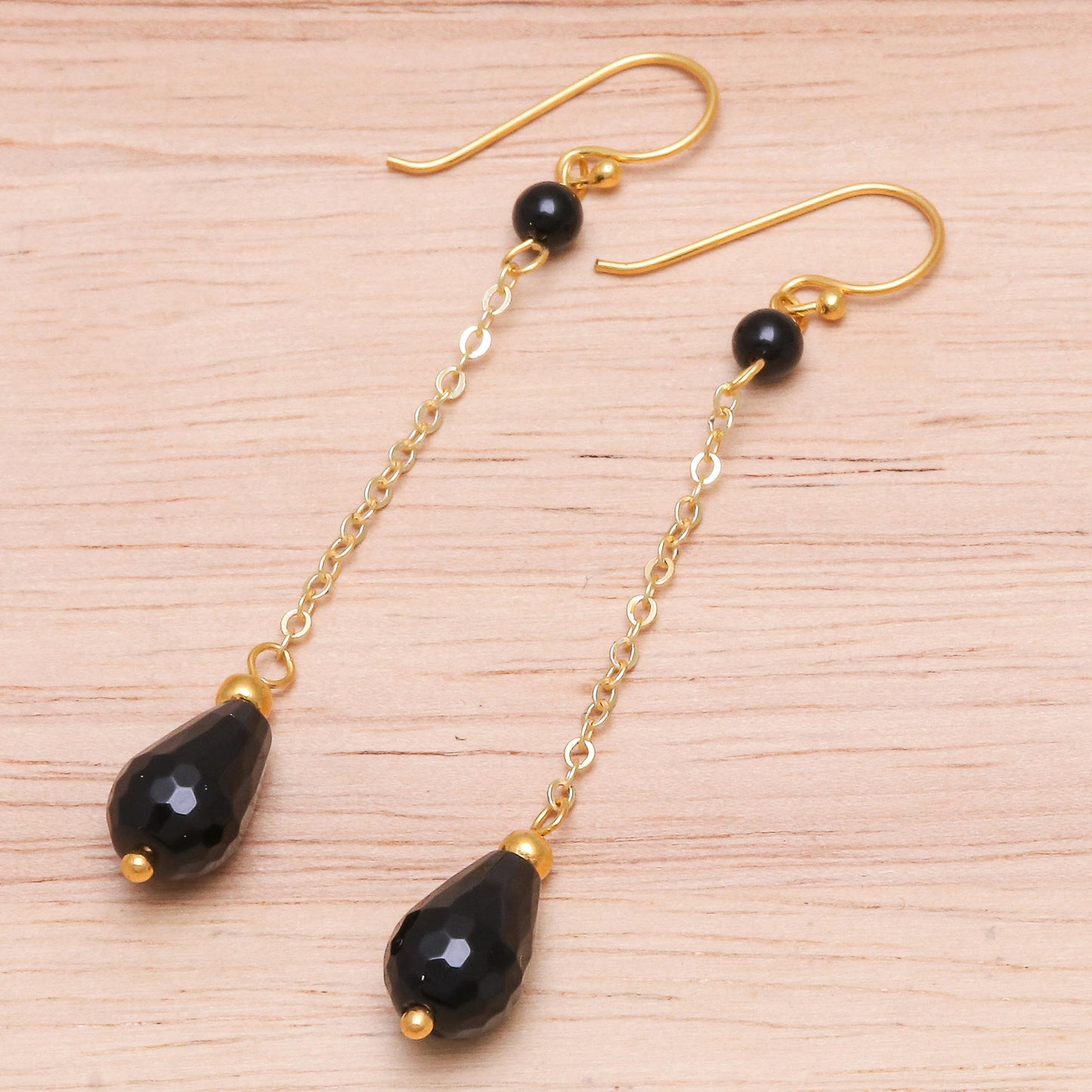 Night Teardrops Hand Made Gold-Plated Onyx Dangle Earrings from Thailand