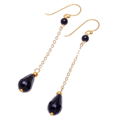 Night Teardrops Hand Made Gold-Plated Onyx Dangle Earrings from Thailand