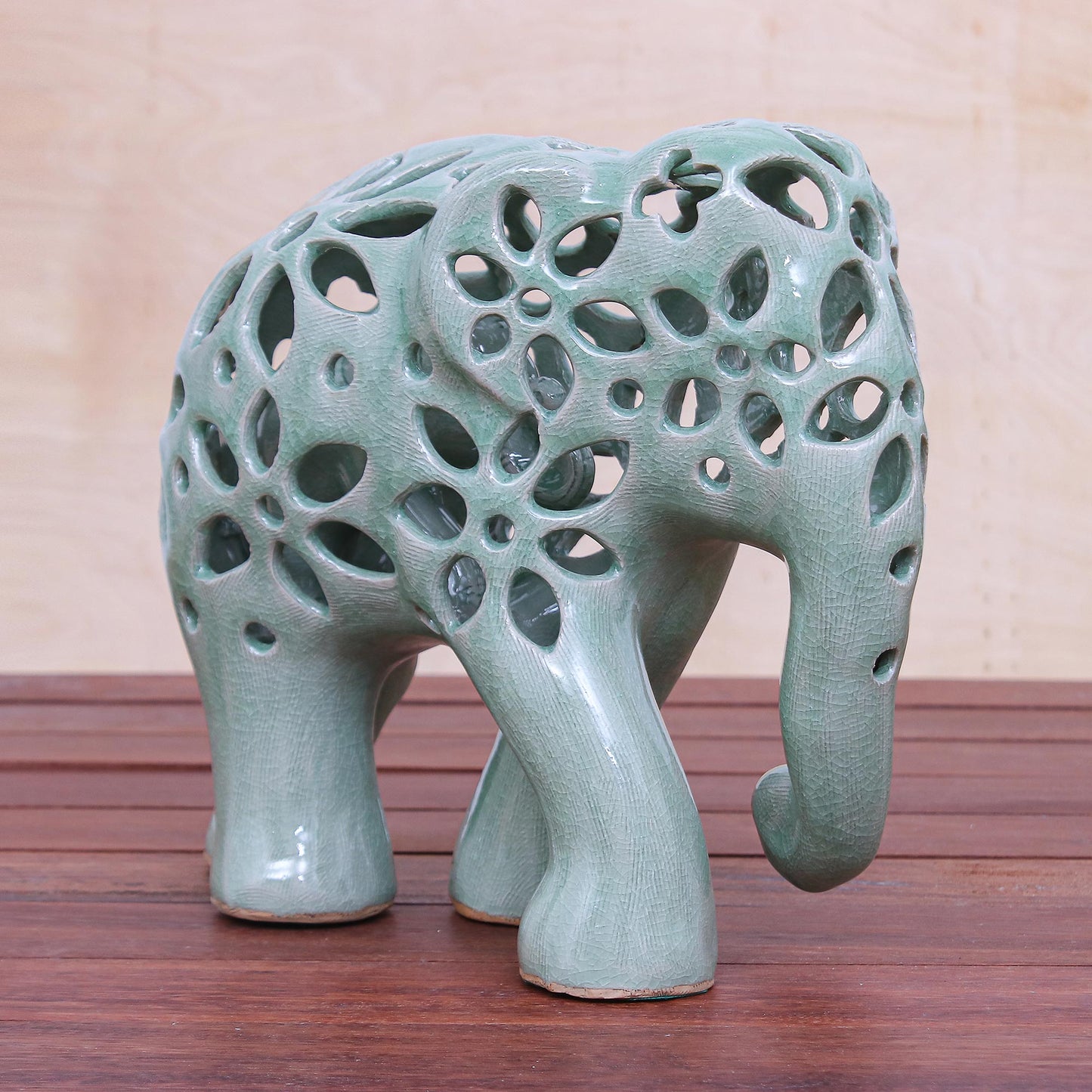 Flowering Elephant Hand Crafted Celadon Ceramic Elephant Sculpture