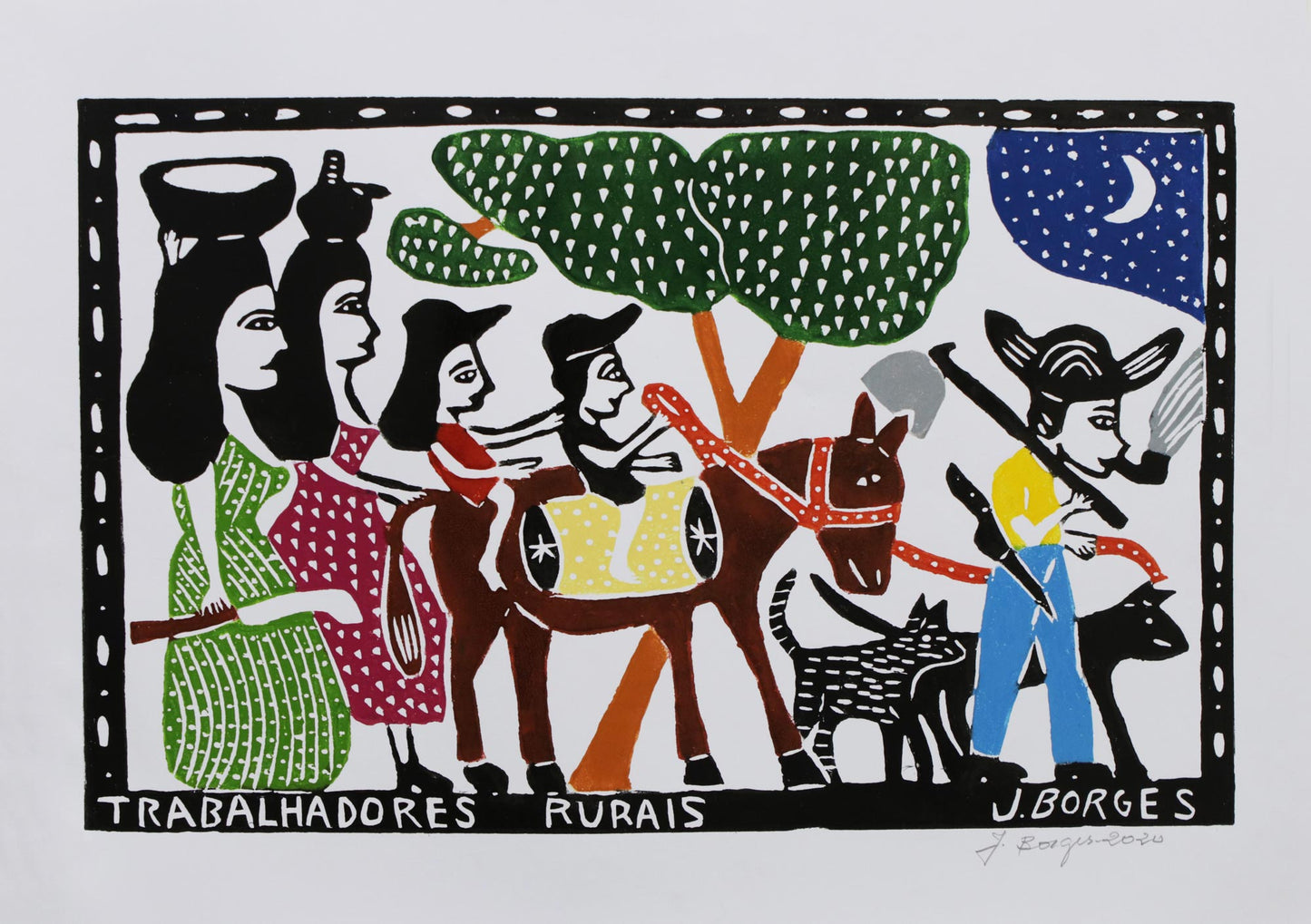 Agricultural Workers Brazil Farm Workers Color Woodcut Print by J. Borges