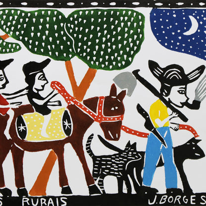 Agricultural Workers Brazil Farm Workers Color Woodcut Print by J. Borges