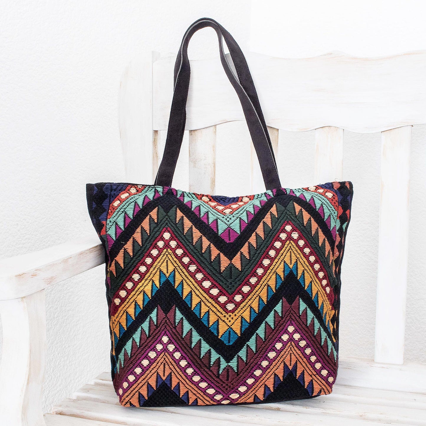 Guatemalan Peaks Handwoven Multicolor & Black Cotton Shoulder Bag Tote