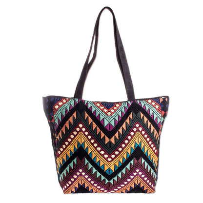 Guatemalan Peaks Handwoven Multicolor & Black Cotton Shoulder Bag Tote