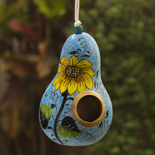 Sunflower and Sky Hand Painted Dried Gourd Birdhouse