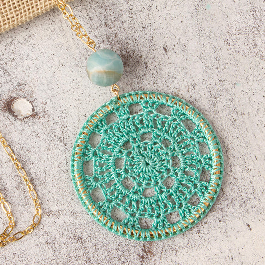 Cyrene Aqua Crocheted Pendant Necklace with Amazonite