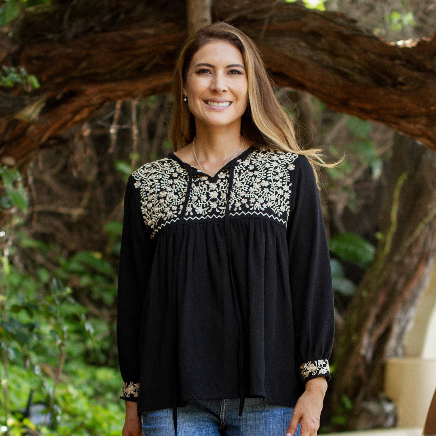 Golden Black Oaxaca Blossoms Hand Embroidered Yellow on Black Cotton Oaxaca Style Blouse