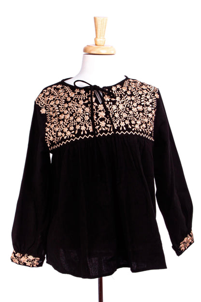 Golden Black Oaxaca Blossoms Hand Embroidered Yellow on Black Cotton Oaxaca Style Blouse