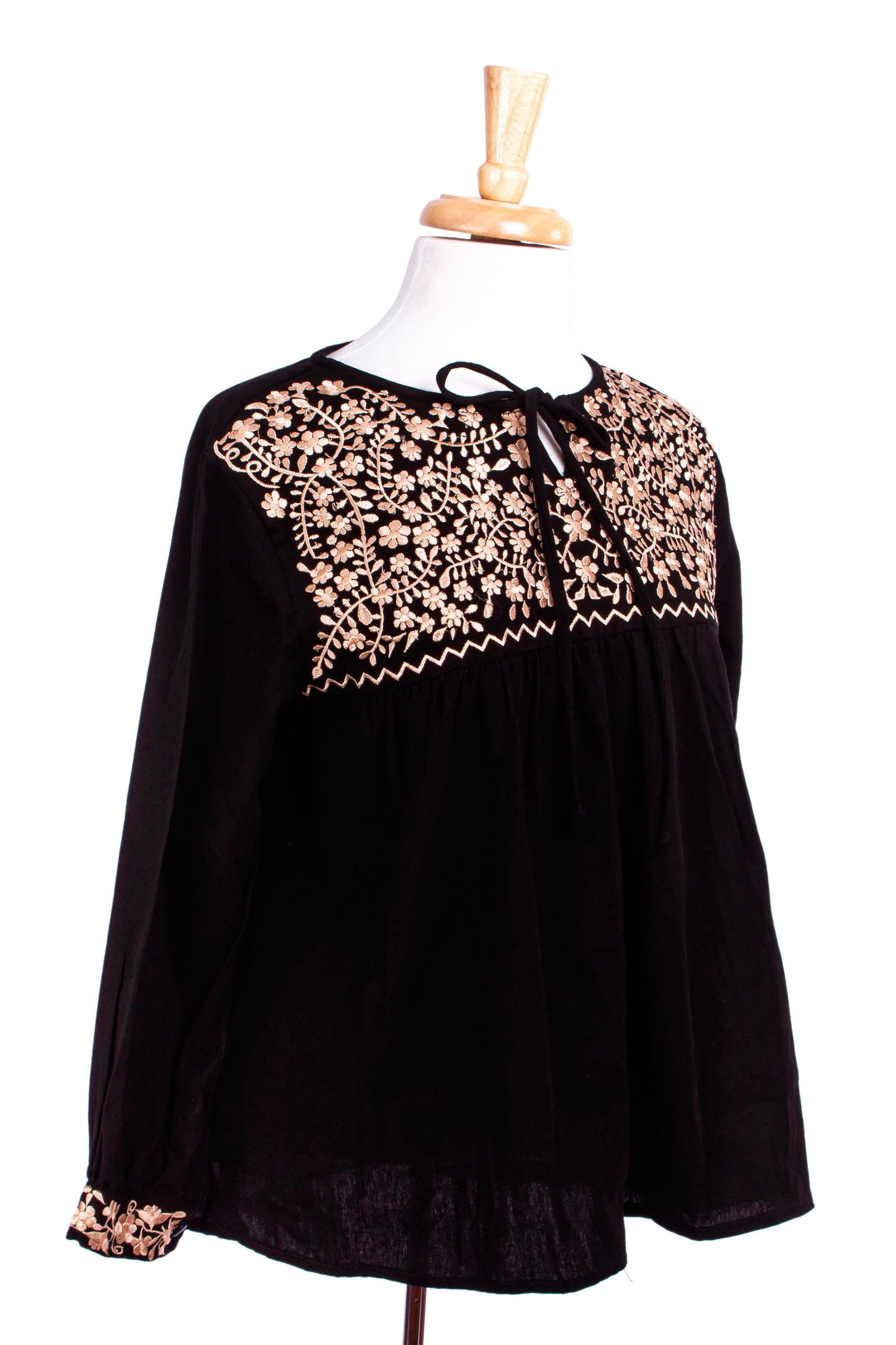 Golden Black Oaxaca Blossoms Hand Embroidered Yellow on Black Cotton Oaxaca Style Blouse