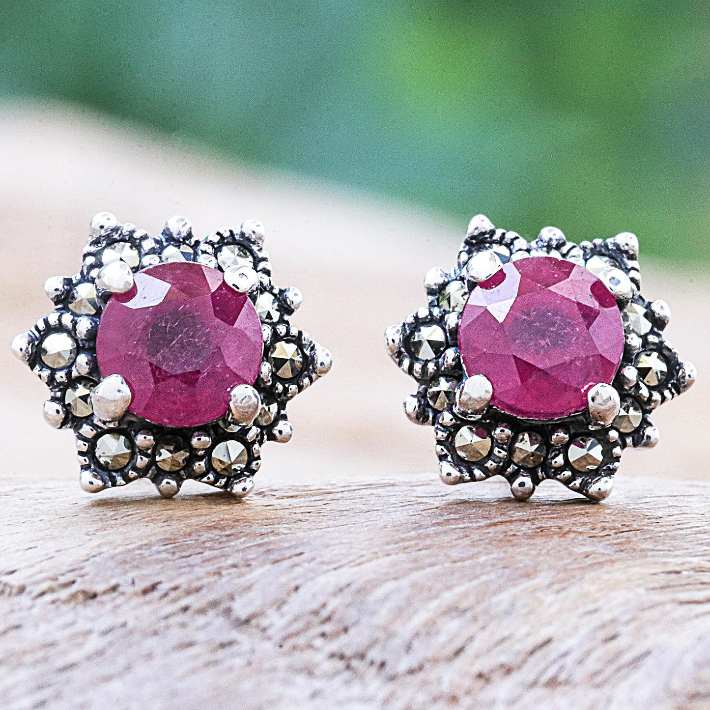 Firefly in Pink Artisan Crafted Ruby and Marcasite Stud Earrings