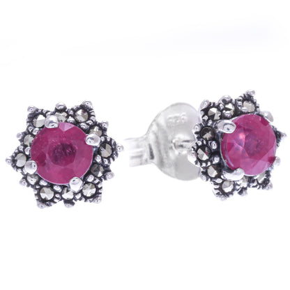 Firefly in Pink Artisan Crafted Ruby and Marcasite Stud Earrings