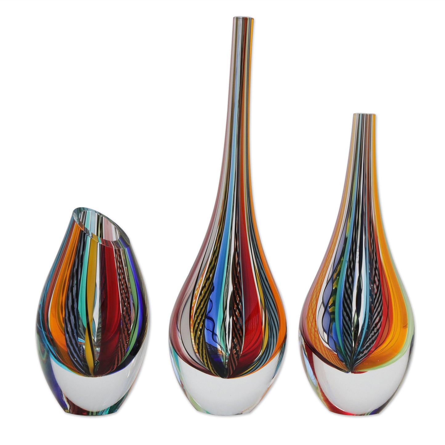 Carnival Color Fantasy 3 Collectible Handblown Murano Inspired Art Glass Vases